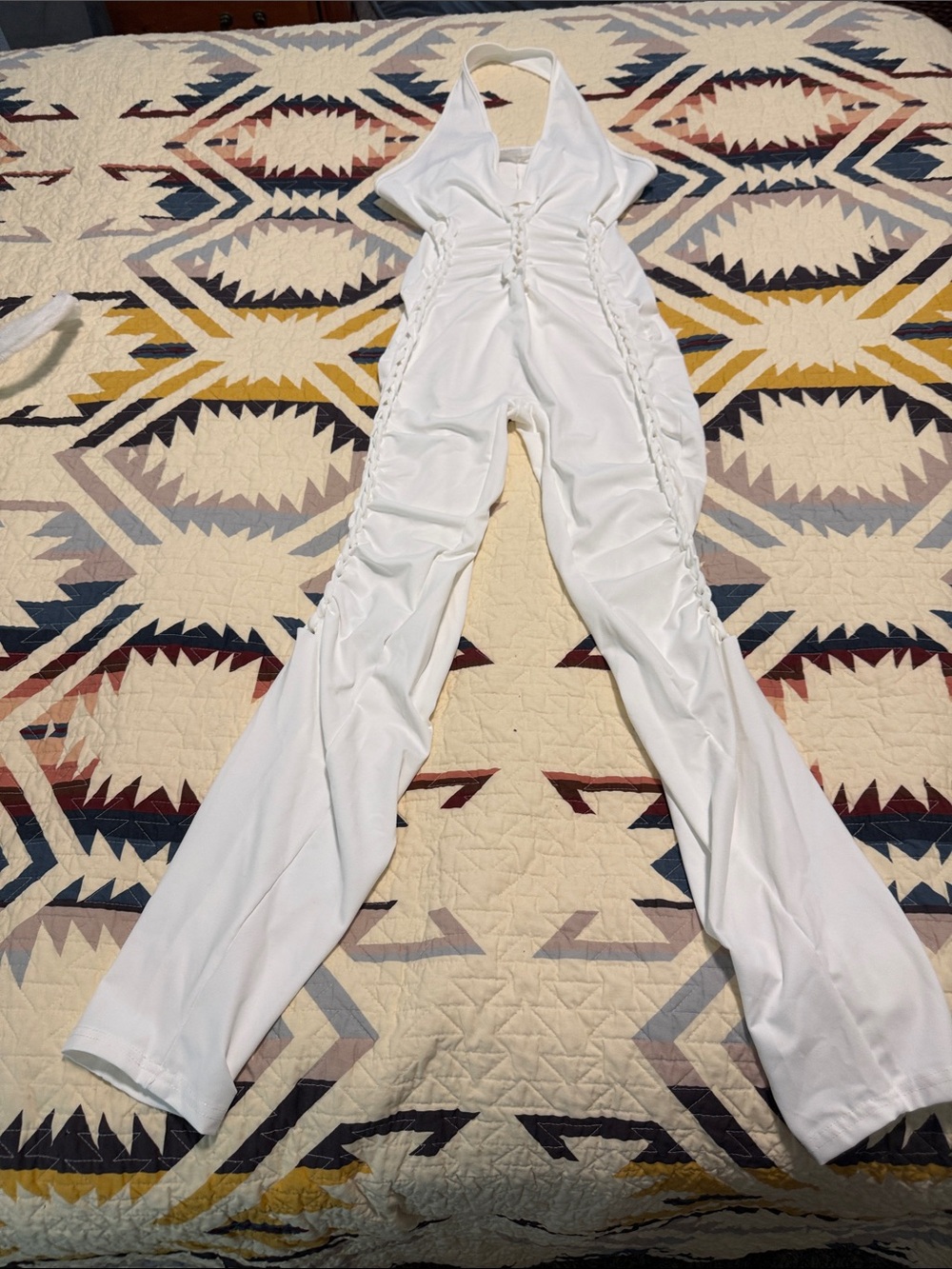 White Halter Slit Weave Jumpsuit